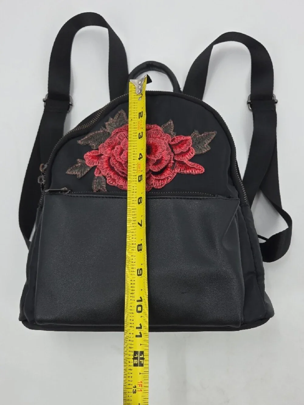 Black Women's Mini Backpack with Red Rose Embroidery